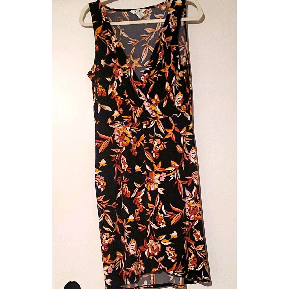 WHBM Women's Size 14 Shift Midi Dress Floral Black Orange Pink White V-Neck